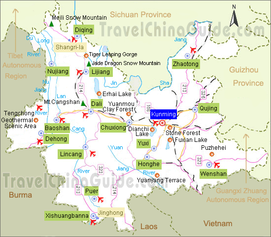 Yunnan map with major cities and tourist attractions